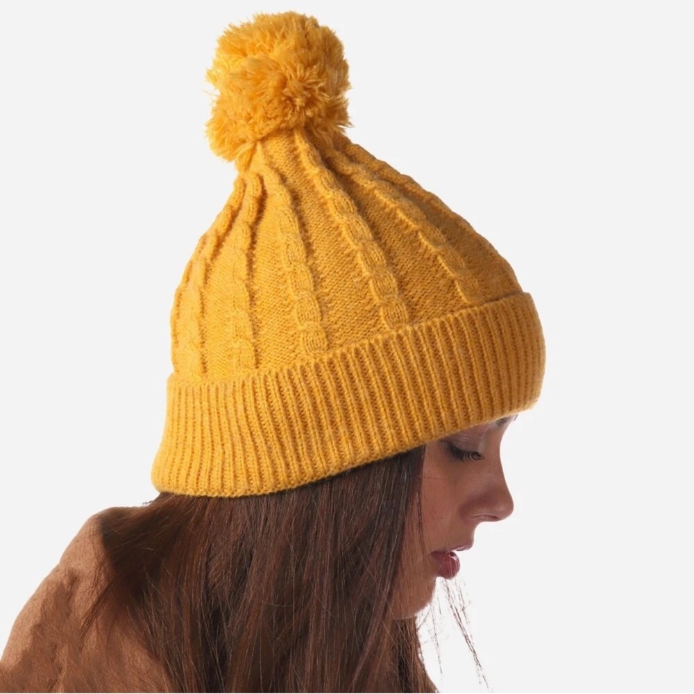 Warm Mustard Yellow Knit Beanie with Pom Pom – Chunky Ribbed Winter Fall Hat